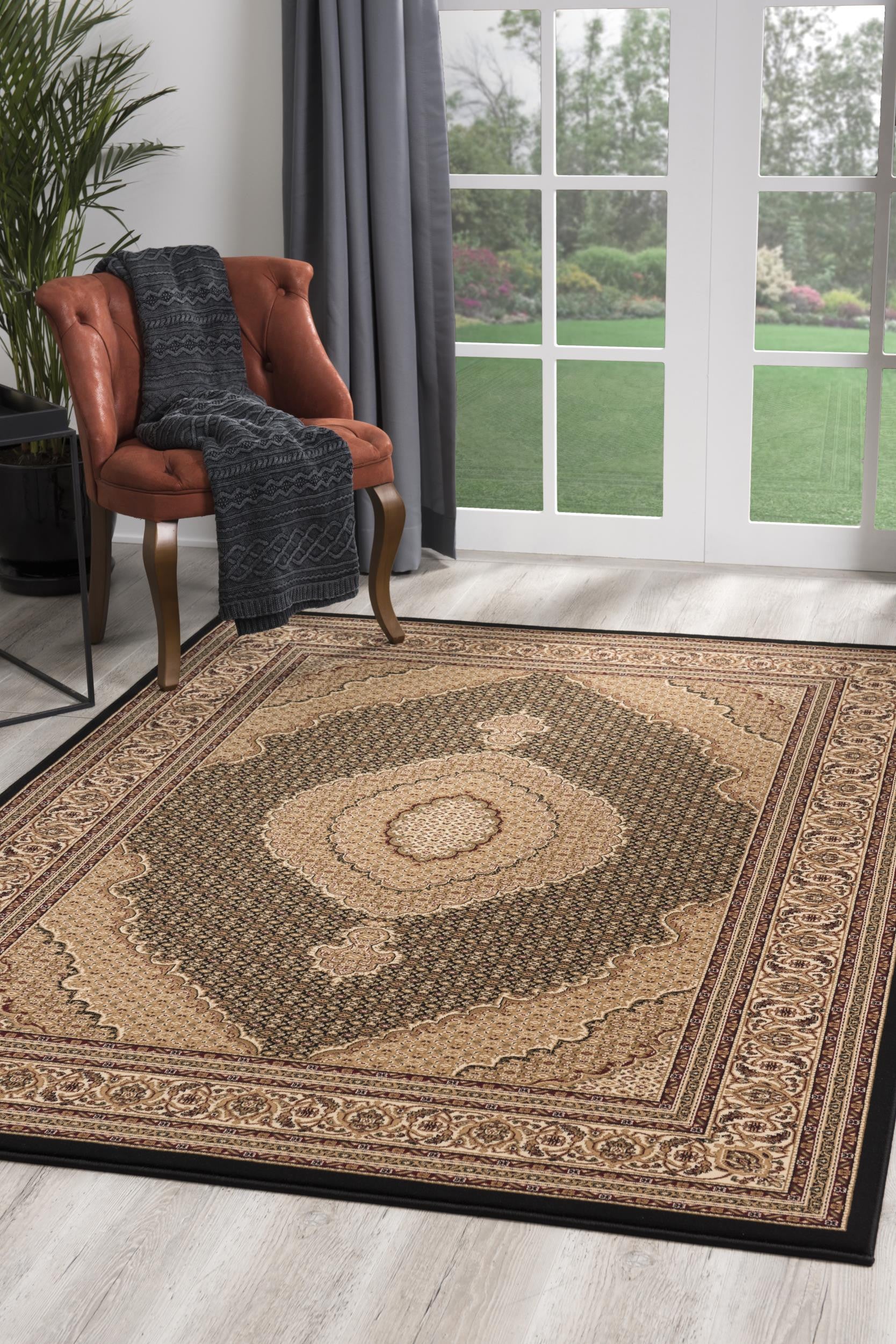 Stylish Power Loom Runner Rug with Elegant Beige and Black Medallion Design for Sophisticated and Refined Spaces