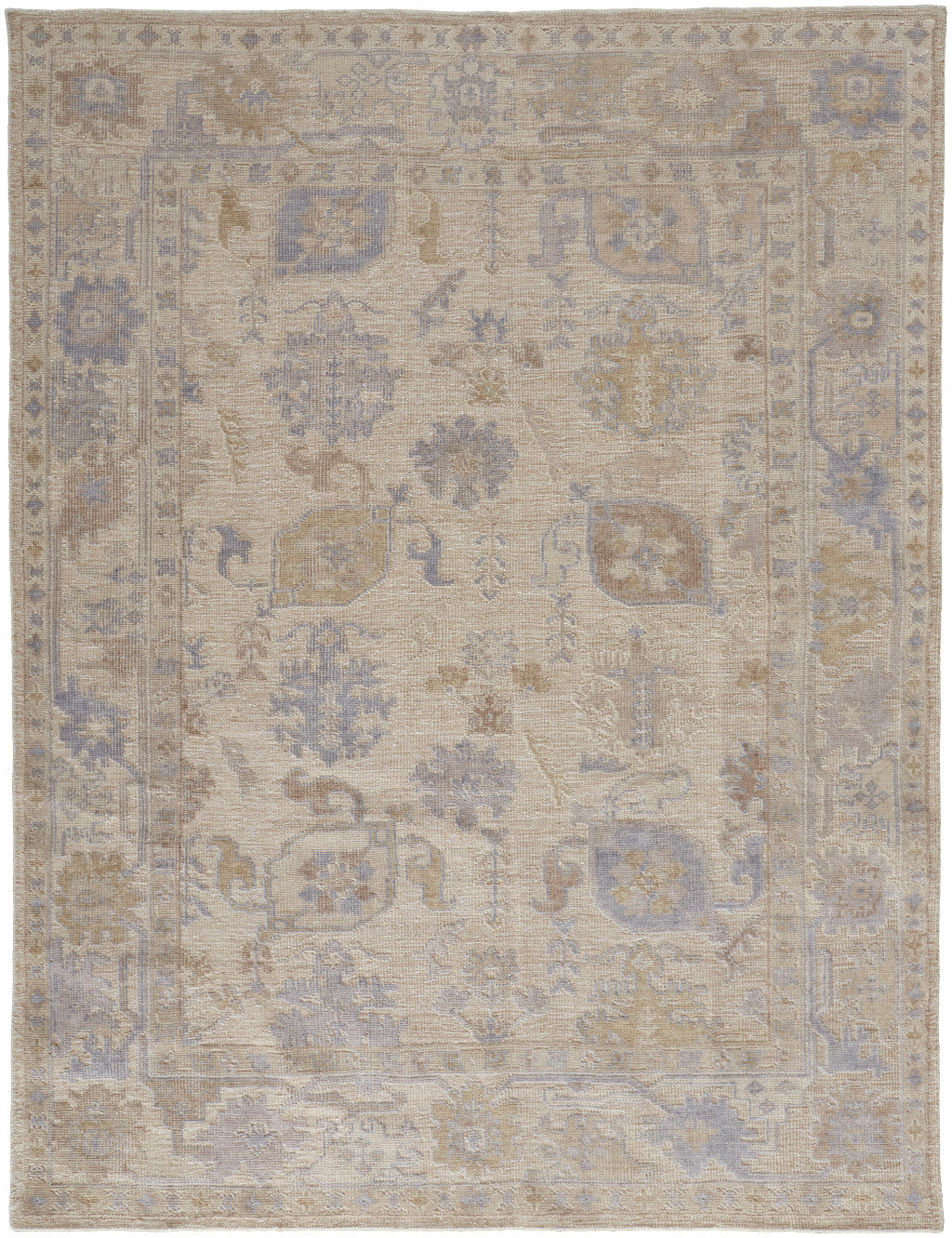 Stain-Resistant Floral Hand-Knotted Area Rug in Tan, Orange & Blue Design for Elegant and Sophisticated Living Spaces