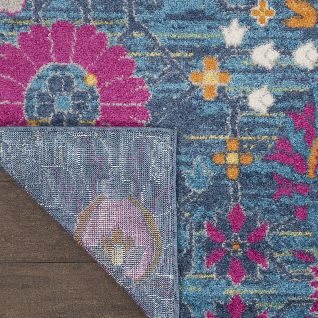 Elegant Floral Design Power Loom Round Area Runner Rug in Stunning Blue and Orange for Cozy Home Decor