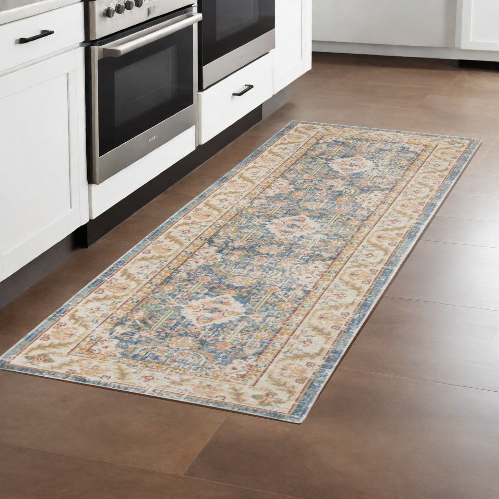 Stylish Blue, Gold, and Orange Floral Power Loom Area Rug for Warm & Inviting Spaces