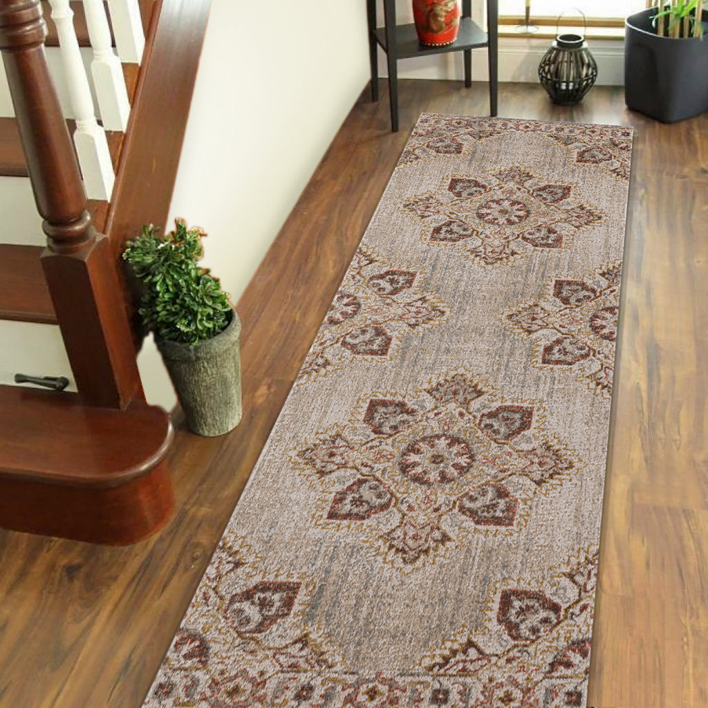 Stylish Stain-Resistant Power Loom Area Rug in Elegant Beige and Rust Medallion Design for Decorating Your Living Spaces