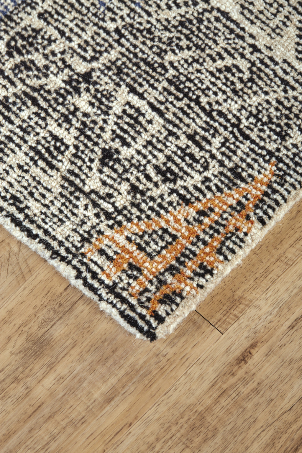 Stylish Distressed Geometric Handmade Wool Area Rug in Black, Ivory, and Green