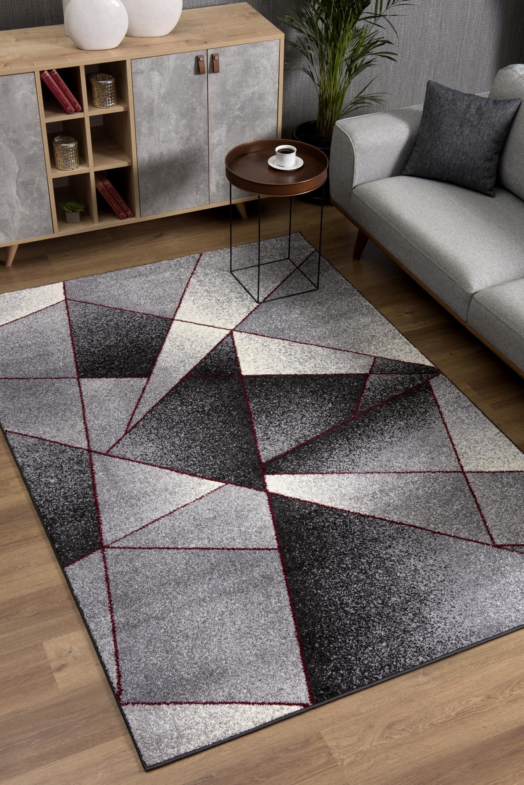 Stylish Geometric Area Rug with an Elegant Design in Grey and Red for a Sophisticated Home Décor Upgrade
