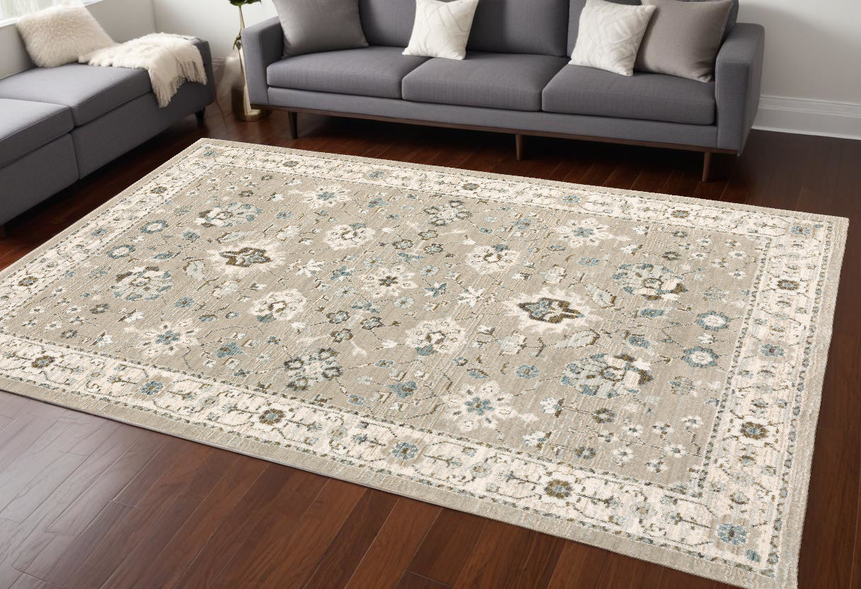 Stain-Resistant, Elegant Beige and Ivory Oriental-Style Power Loom Area Rug Ideal for Family Homes with Kids and Pets