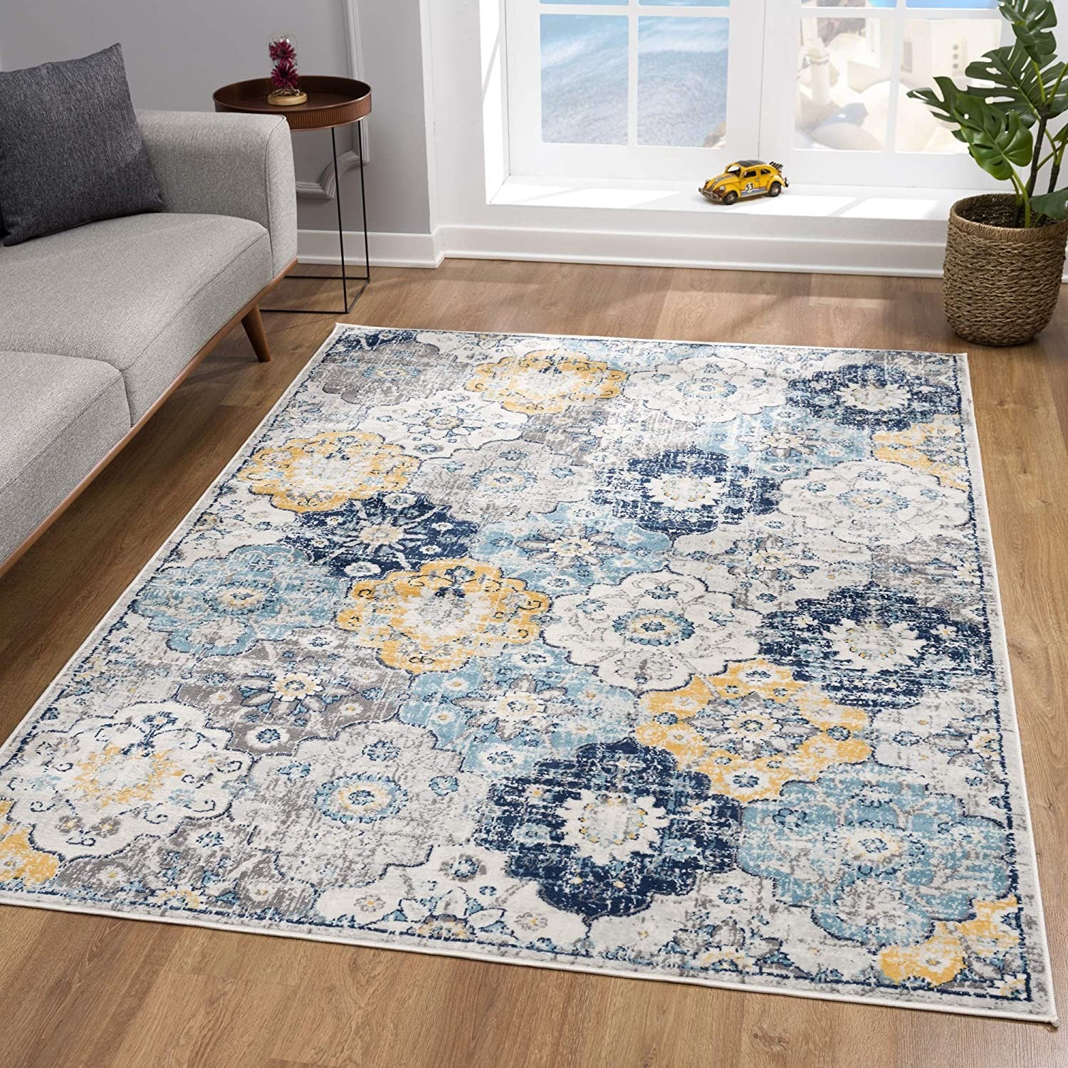 Stylish Blue and Yellow Floral Runner Rug to Gracefully Enliven Your Living Area