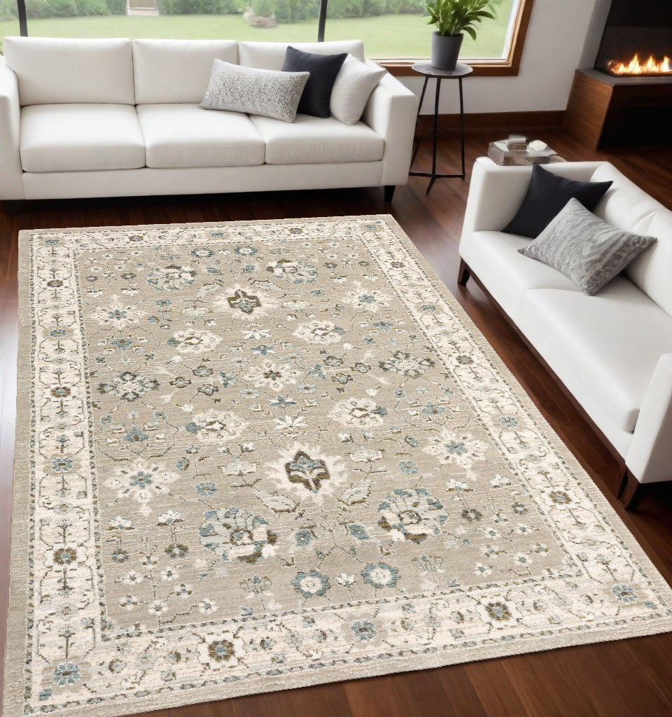 Stain-Resistant, Elegant Beige and Ivory Oriental-Style Power Loom Area Rug Ideal for Family Homes with Kids and Pets