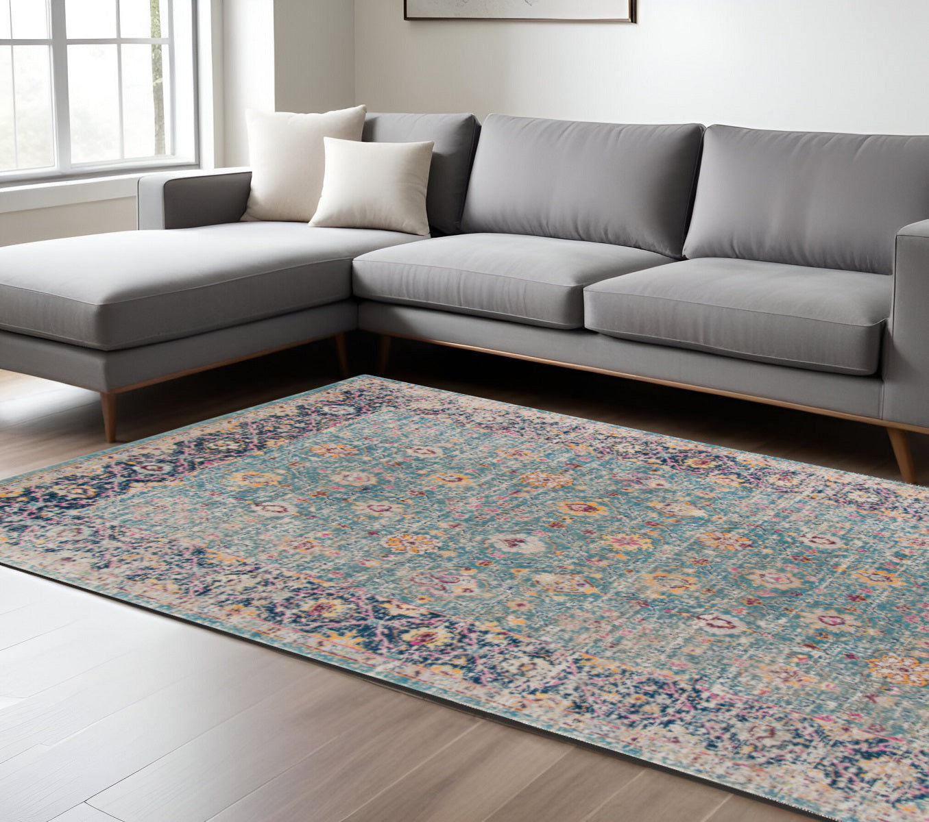 Stylish Stain-Resistant Teal, Navy & Orange Floral Power Loom Area Rug