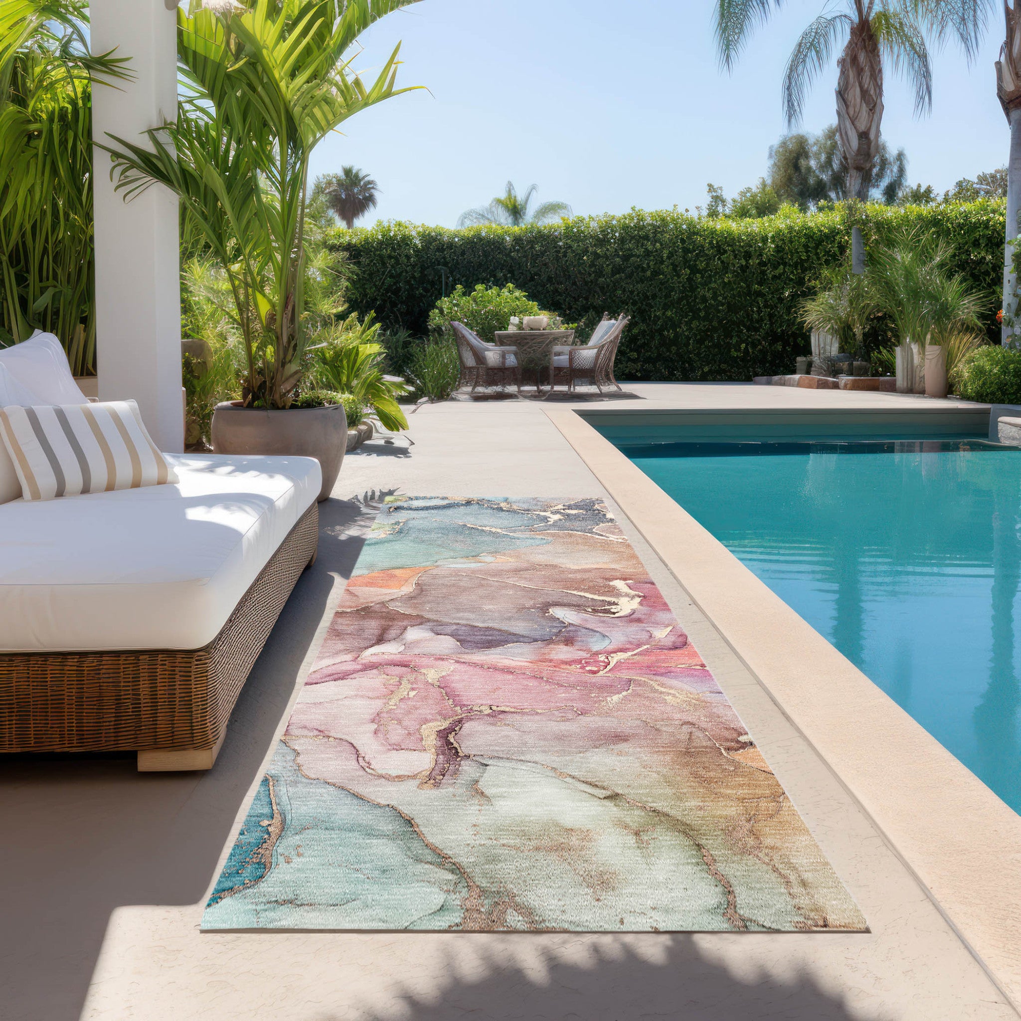 Stylish Blue Abstract Washable Non-Slip Outdoor Runner Rug for Any Space
