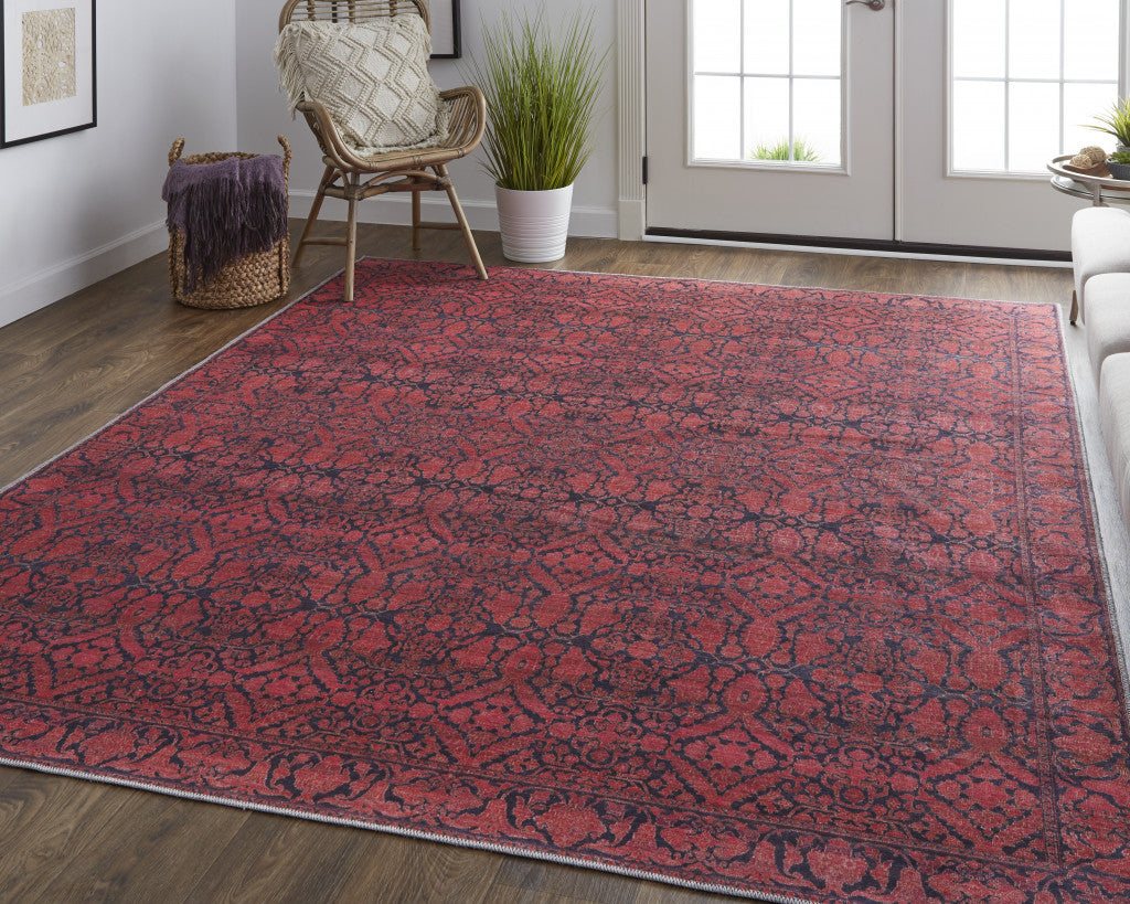 Elegant Red and Black Floral Power Loom Area Rug for Home Decor