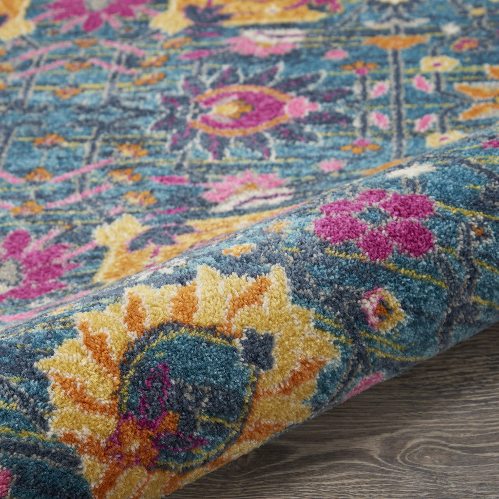 Elegant Floral Design Power Loom Round Area Runner Rug in Stunning Blue and Orange for Cozy Home Decor