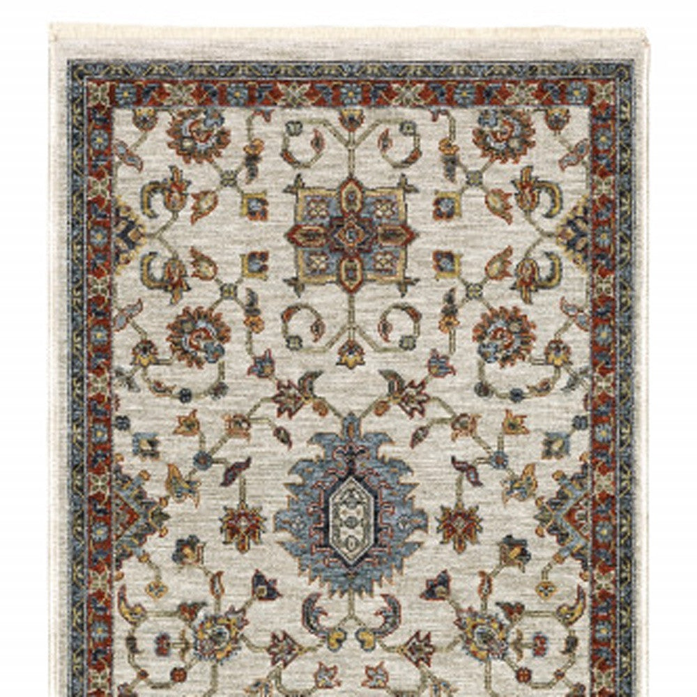 Exquisite Stain-Resistant Oriental-Style Runner Rug with Fringe in Beige, Rust, Blue, Gold and Grey Shades