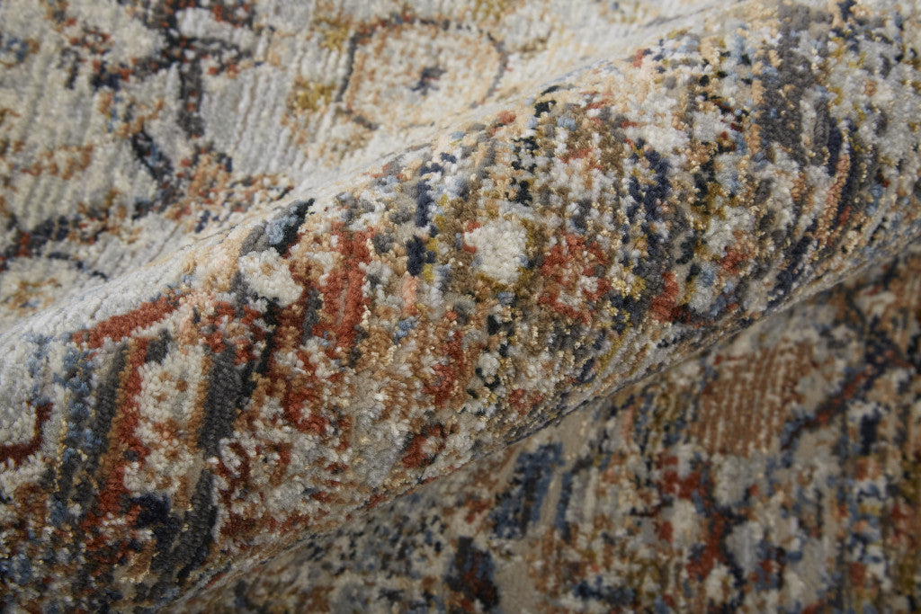 Exquisite Tan and Blue Distressed Floral Area Rug with Fringe for Timeless Interior Decor