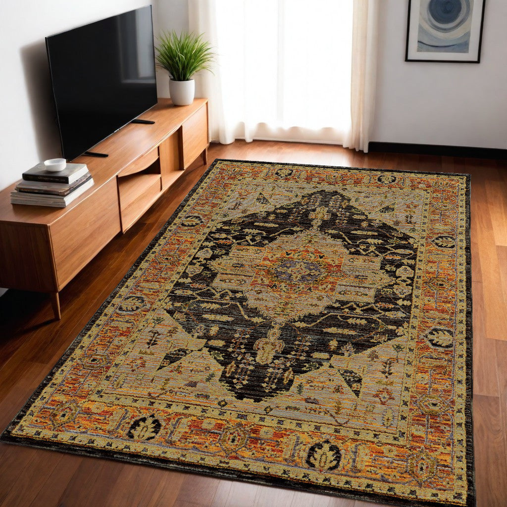 Stain-Resistant Elegant Black and Gold Oriental Power Loom Area Rug for a Sophisticated Space
