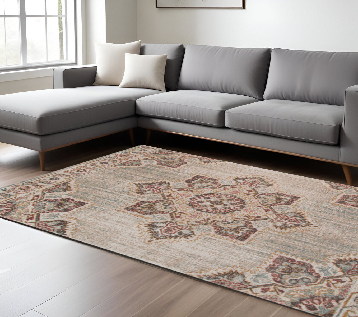 Stylish Stain-Resistant Power Loom Area Rug in Elegant Beige and Rust Medallion Design for Decorating Your Living Spaces