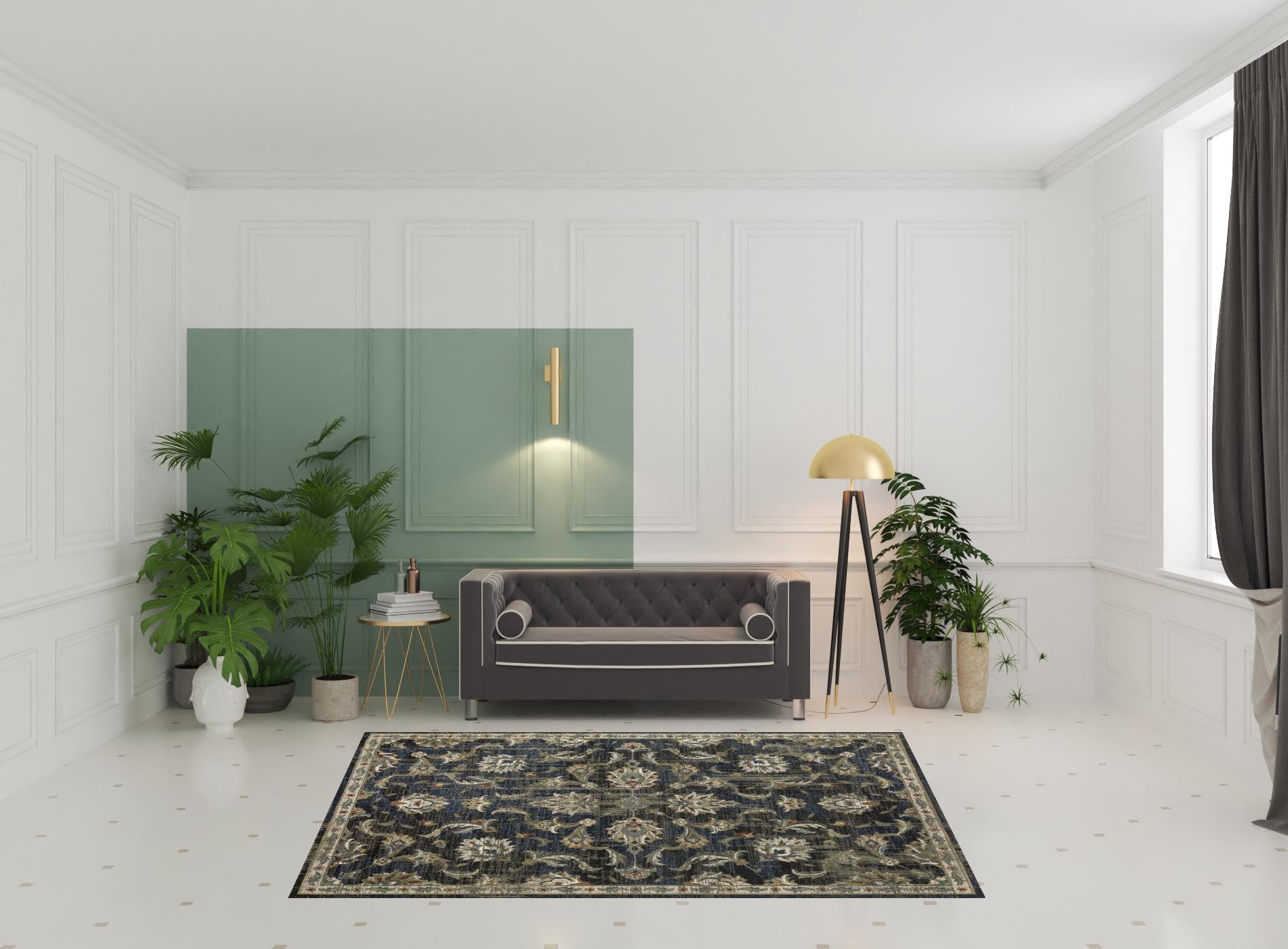 Stain-Resistant Elegant Oriental-Style Runner Rug in Charcoal Blue, Rust, Beige, Gold, and Grey for Creating Cozy Living Spaces