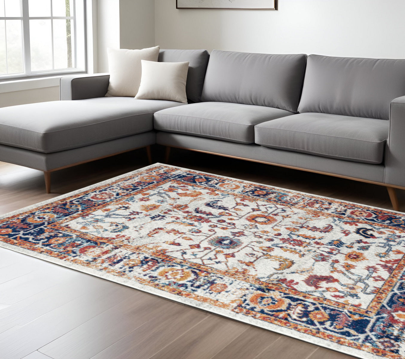 Stain-Resistant Floral Oriental Power Loom Area Rug in Elegant Ivory, Navy and Orange Design for Contemporary Modern Spaces