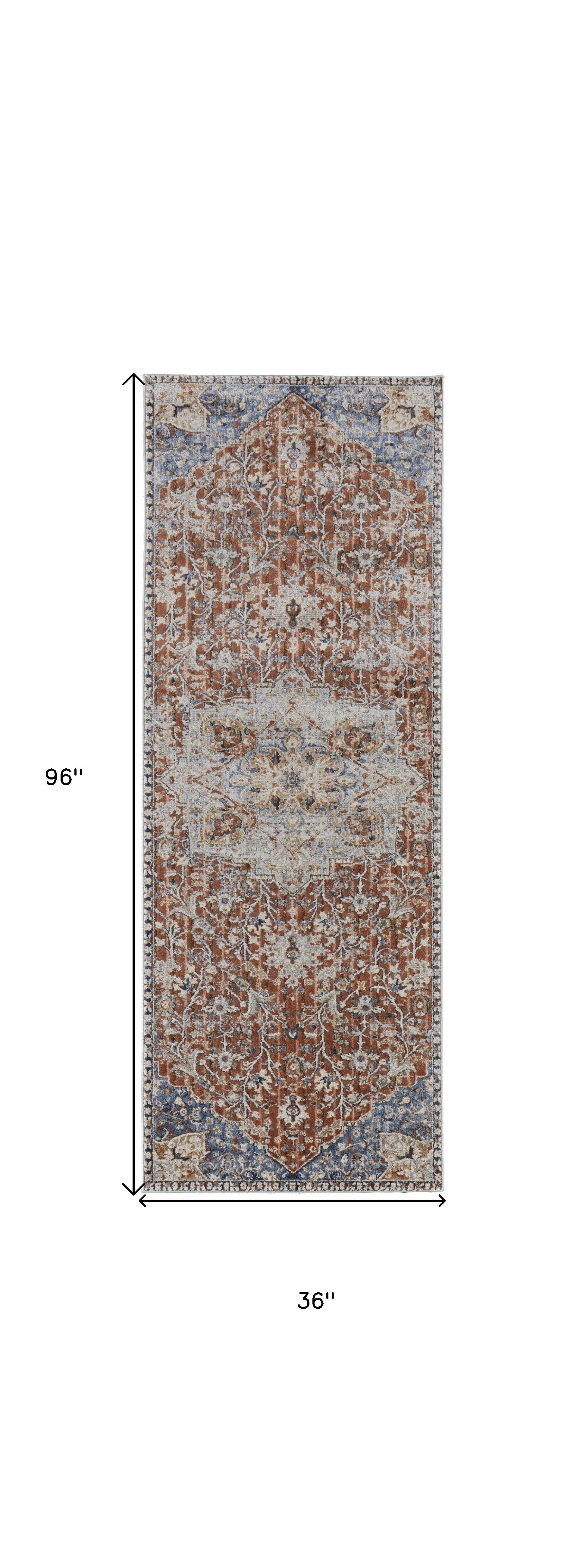 Stylish Orange, Ivory & Blue Floral Power Loom Area Rug with Tassel Ends for Elegant Interiors