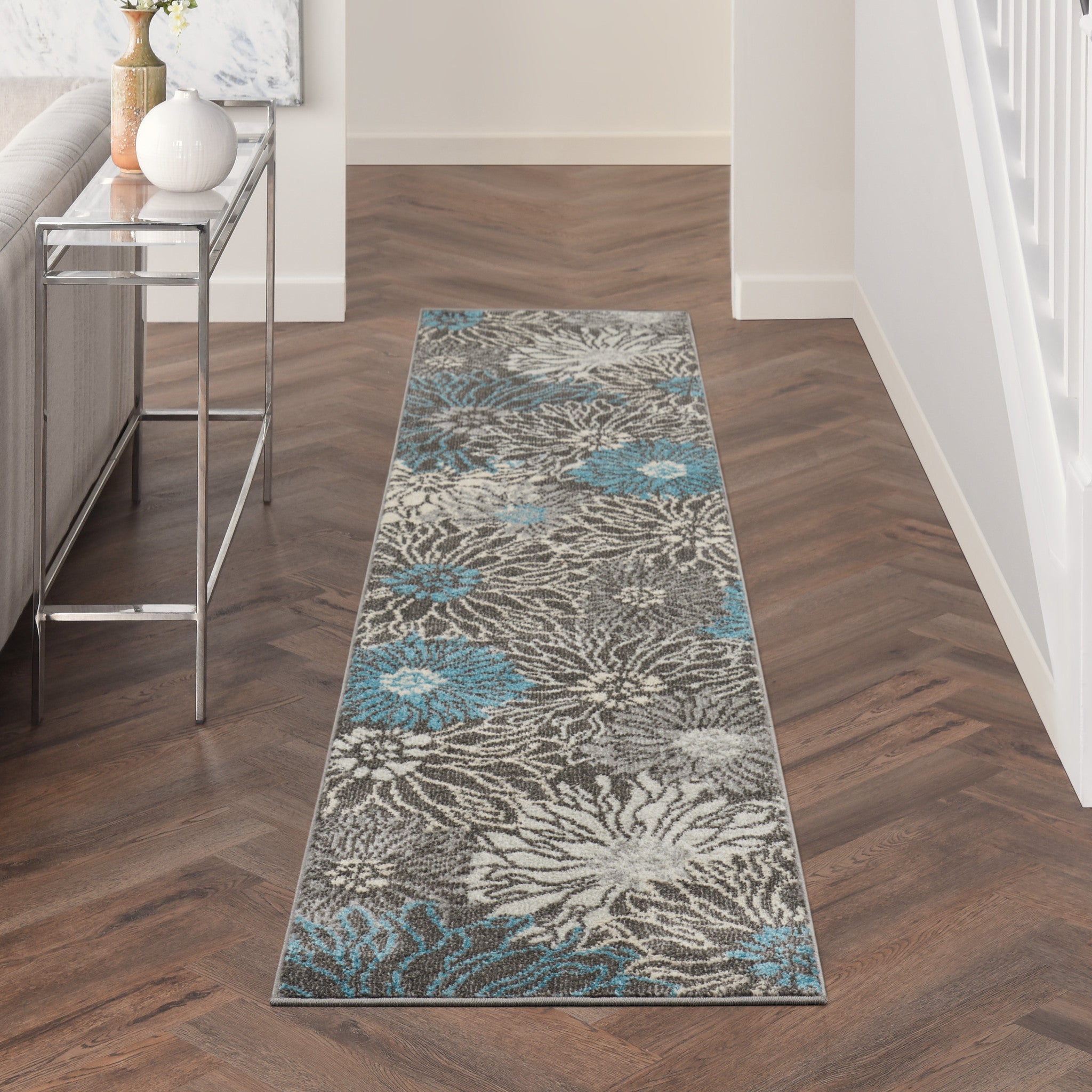 Exquisite Floral Power Loom Area Rug with Elegant Blue and Gray Design for Sophisticated Living Spaces