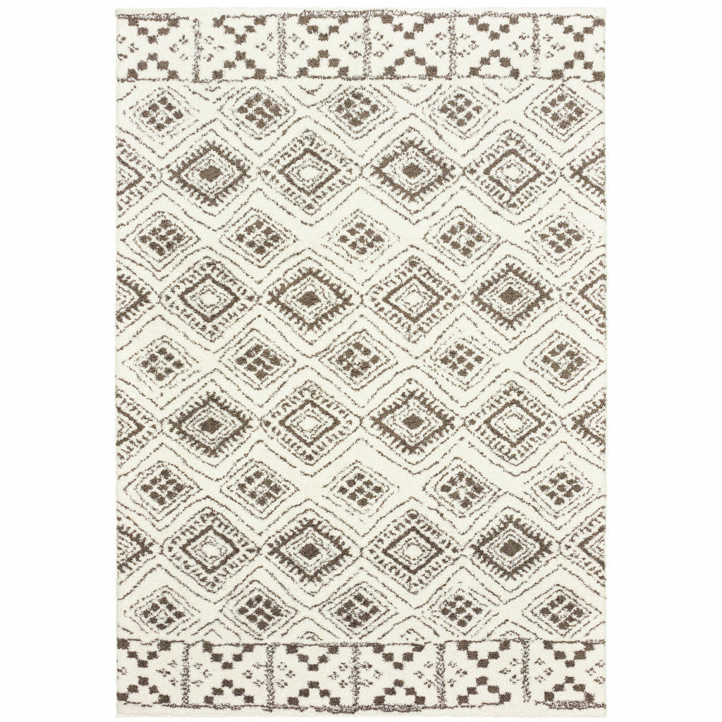 Exquisite Ivory and Brown Geometric Shag Area Runner Rug - Ideal for Homes with Stain Resistance and Soft Comfort