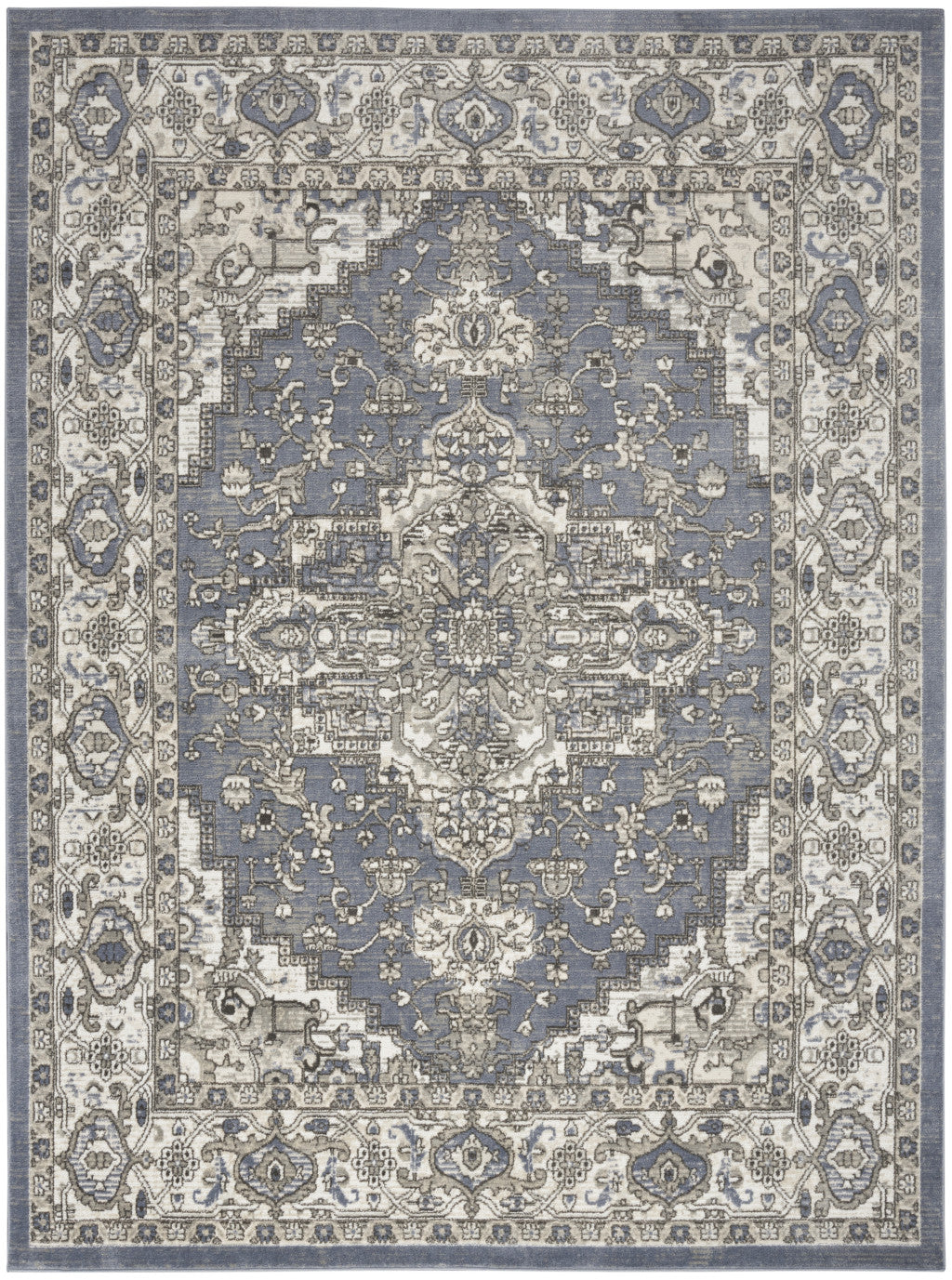 8' x 10' Power Loomed Elegant Distressed Blue and Ivory Medallion Area Rug