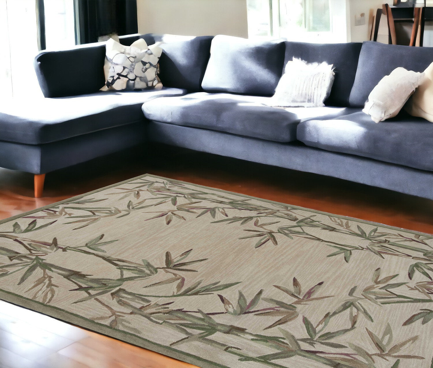 Exquisite Hand - Tufted Wool Area Rug with Floral Modern Design and Elegant Ivory Bamboo Border for Home Decor