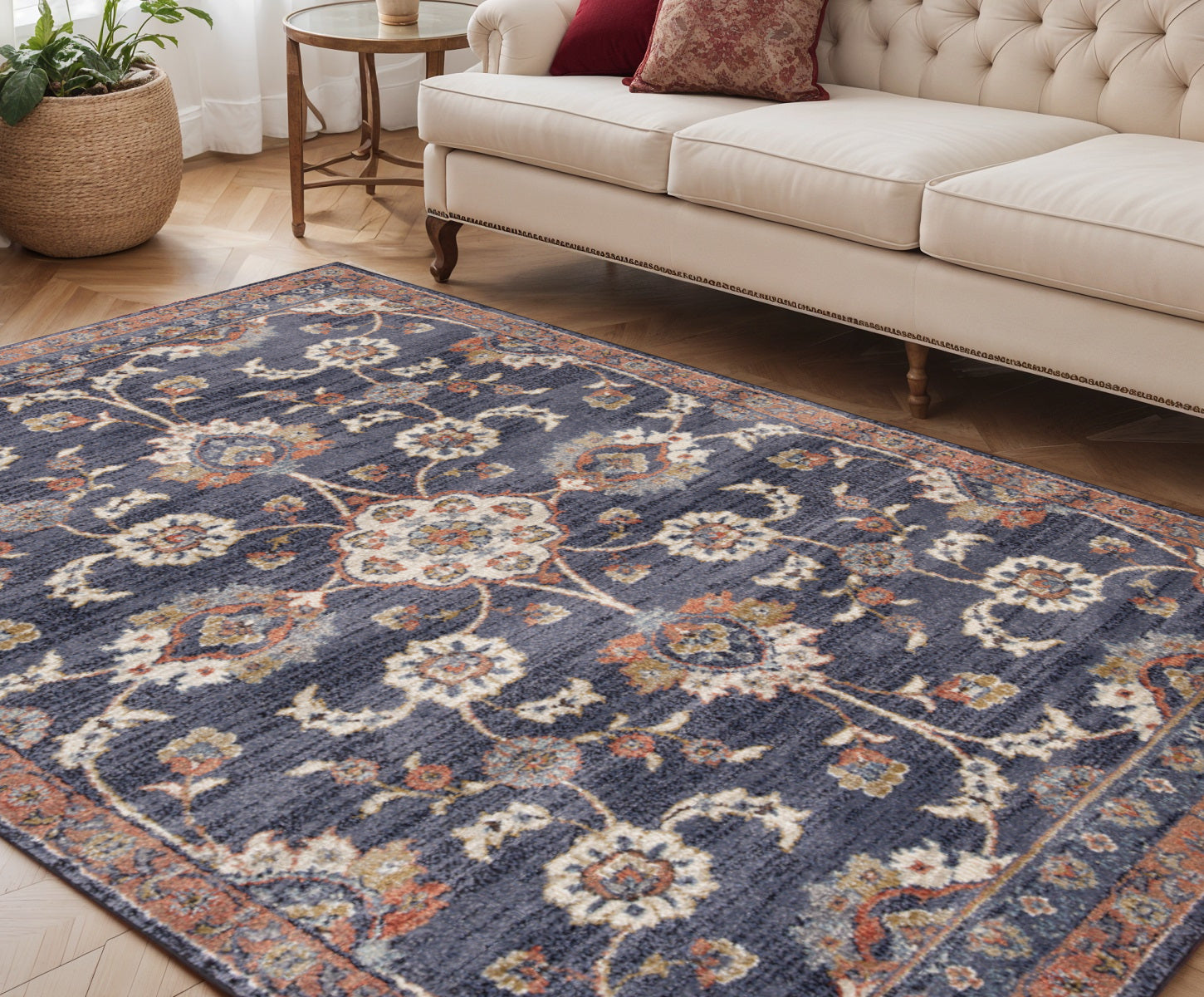 Stain-Resistant Elegant Floral Power Loom Area Rug in Ivory, Navy, Blue & Brown Design Ideal for Homes with Kids and Pets