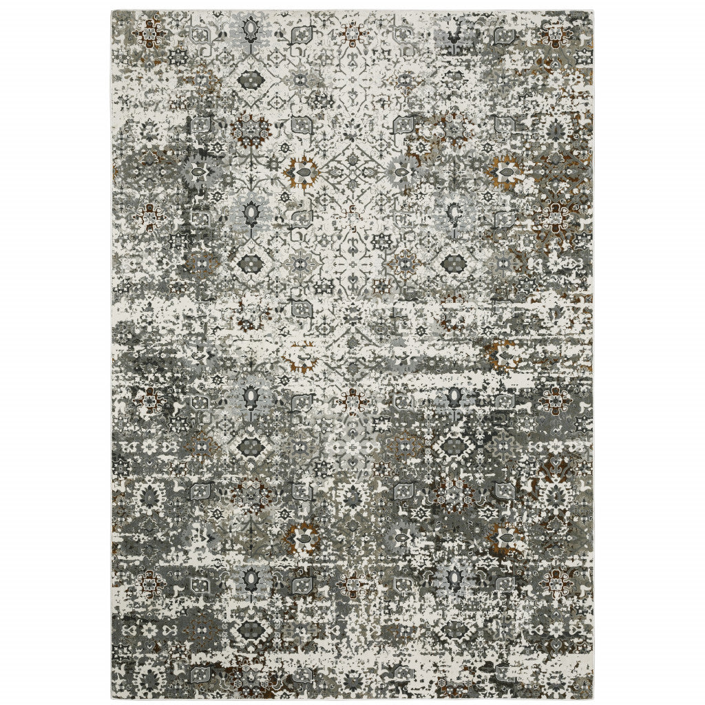 Stain-Resistant, Power Loomed Elegant Oriental Style Runner Rug in Ivory, Grey, Charcoal, Rust, Gold, and Brown Shades