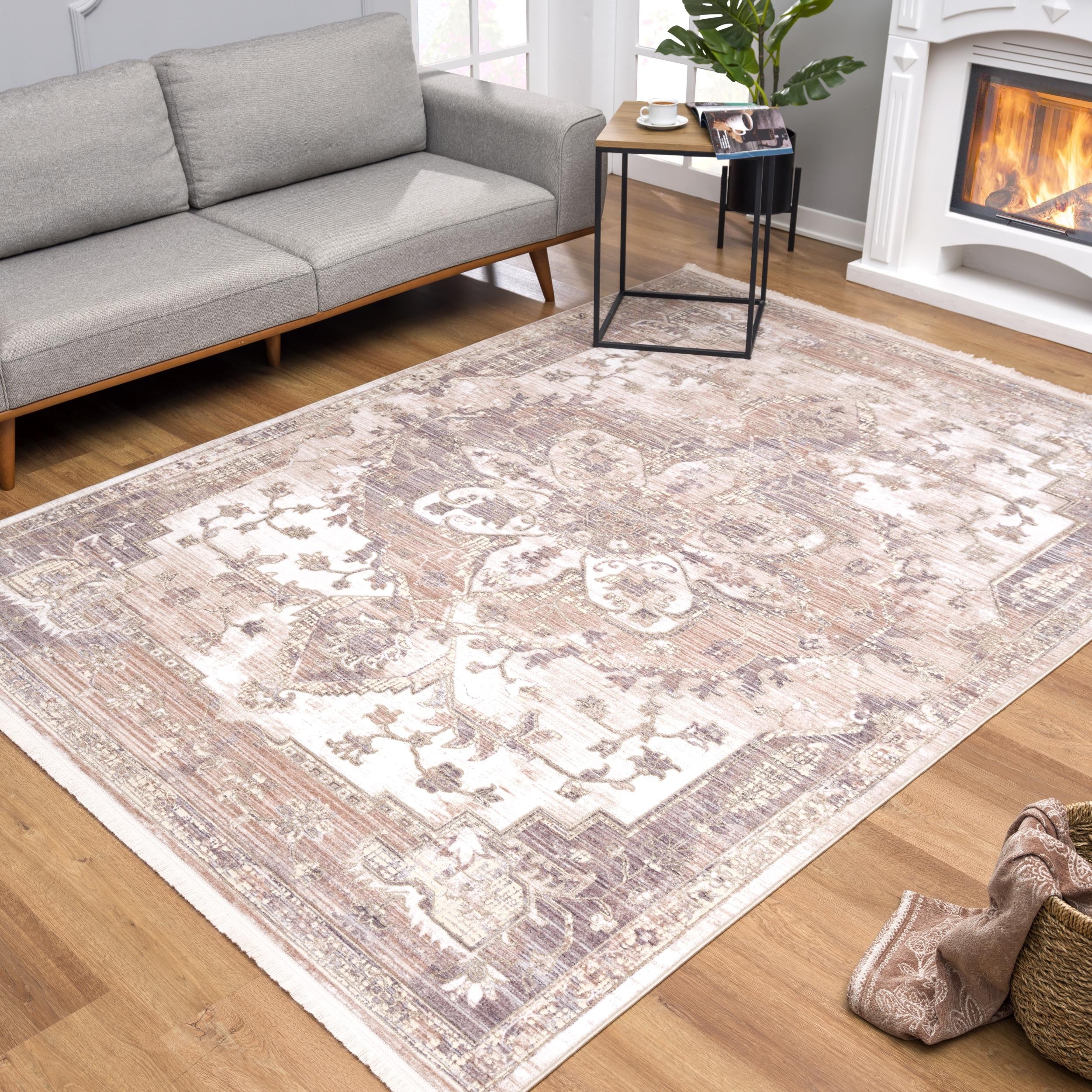 Stylish Power Loom Beige and Ivory Medallion Runner Rug for Home Decor