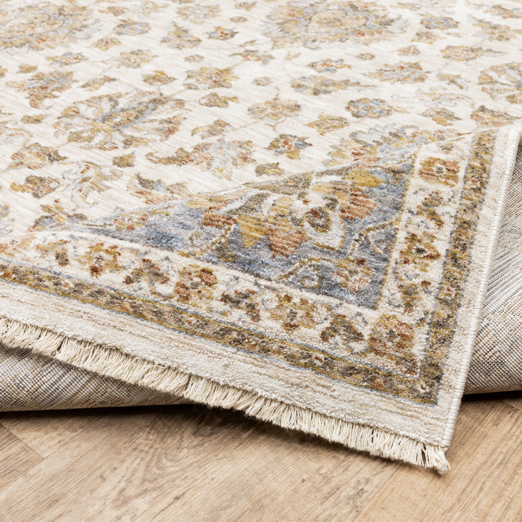 Stain-Resistant, Soft Oriental Runner Rug with Fringe - Timeless Ivory and Blue Design