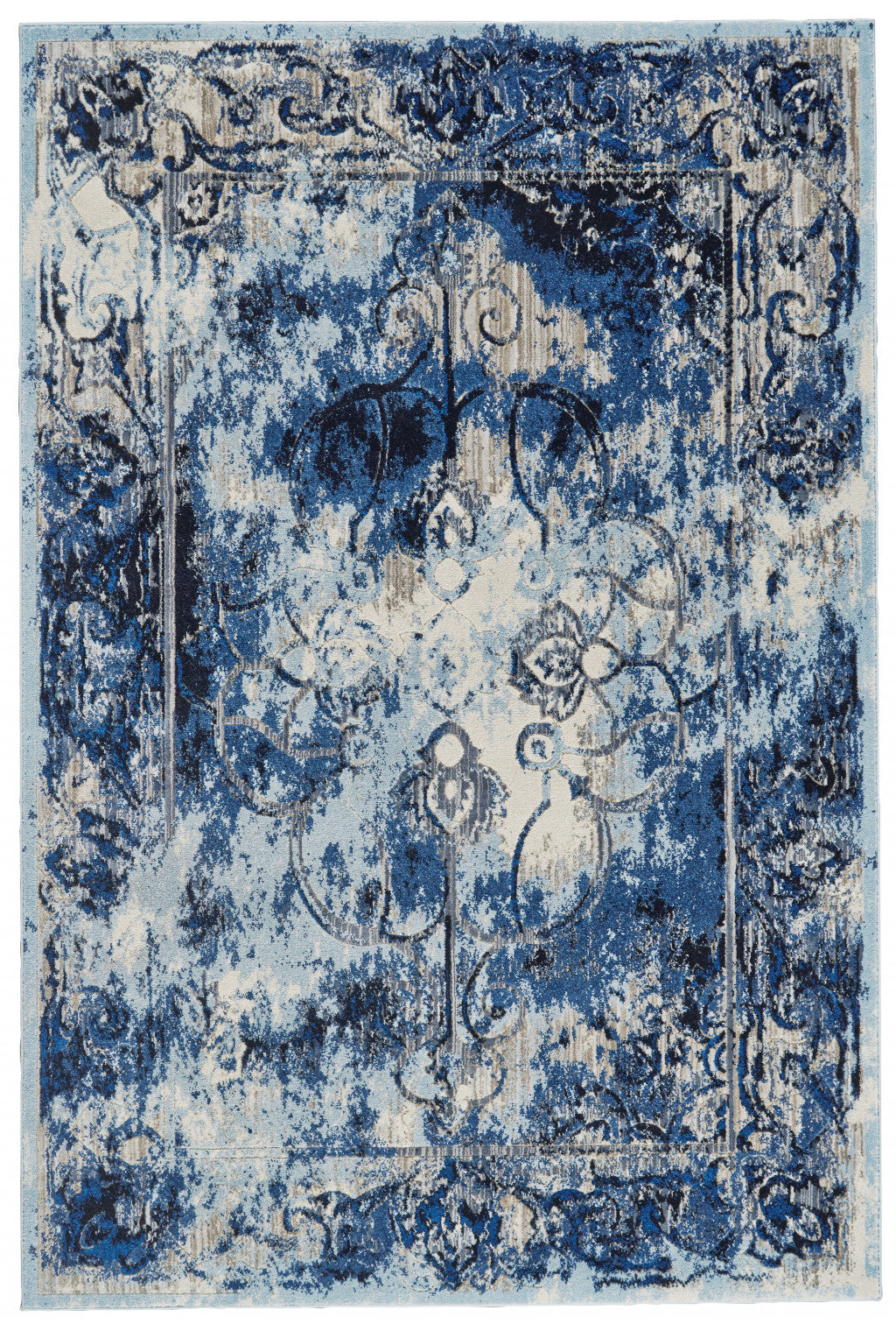 Stain-Resistant Blue, Ivory & Gray Elegant Floral Distressed Area Rug for Family Homes