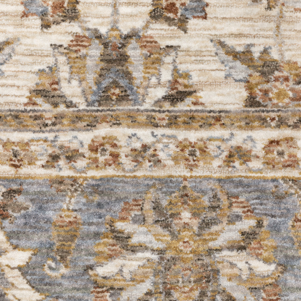 Stain-Resistant, Soft Oriental Runner Rug with Fringe - Timeless Ivory and Blue Design
