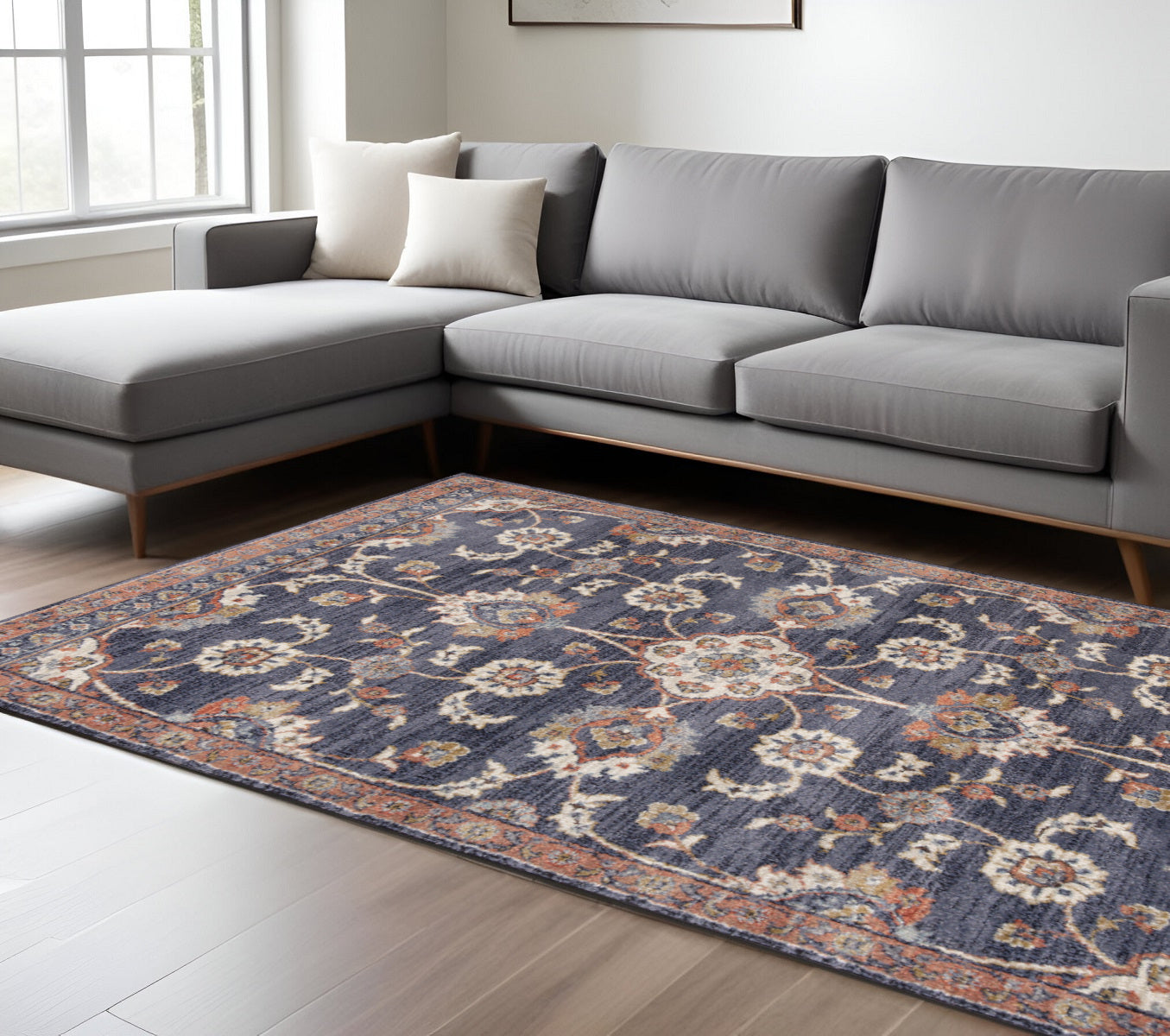 Stain-Resistant Elegant Floral Power Loom Area Rug in Ivory, Navy, Blue & Brown Design Ideal for Homes with Kids and Pets