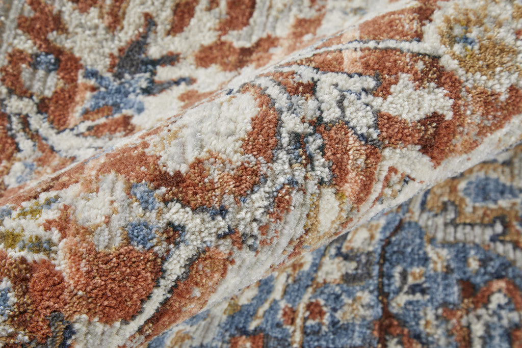 Stylish Orange, Ivory & Blue Floral Power Loom Area Rug with Tassel Ends for Elegant Interiors