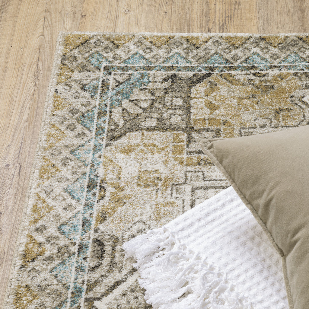 Stain-Resistant Grey, Blue, Beige & Gold Elegant Runner Rug - Ideal for Family Homes