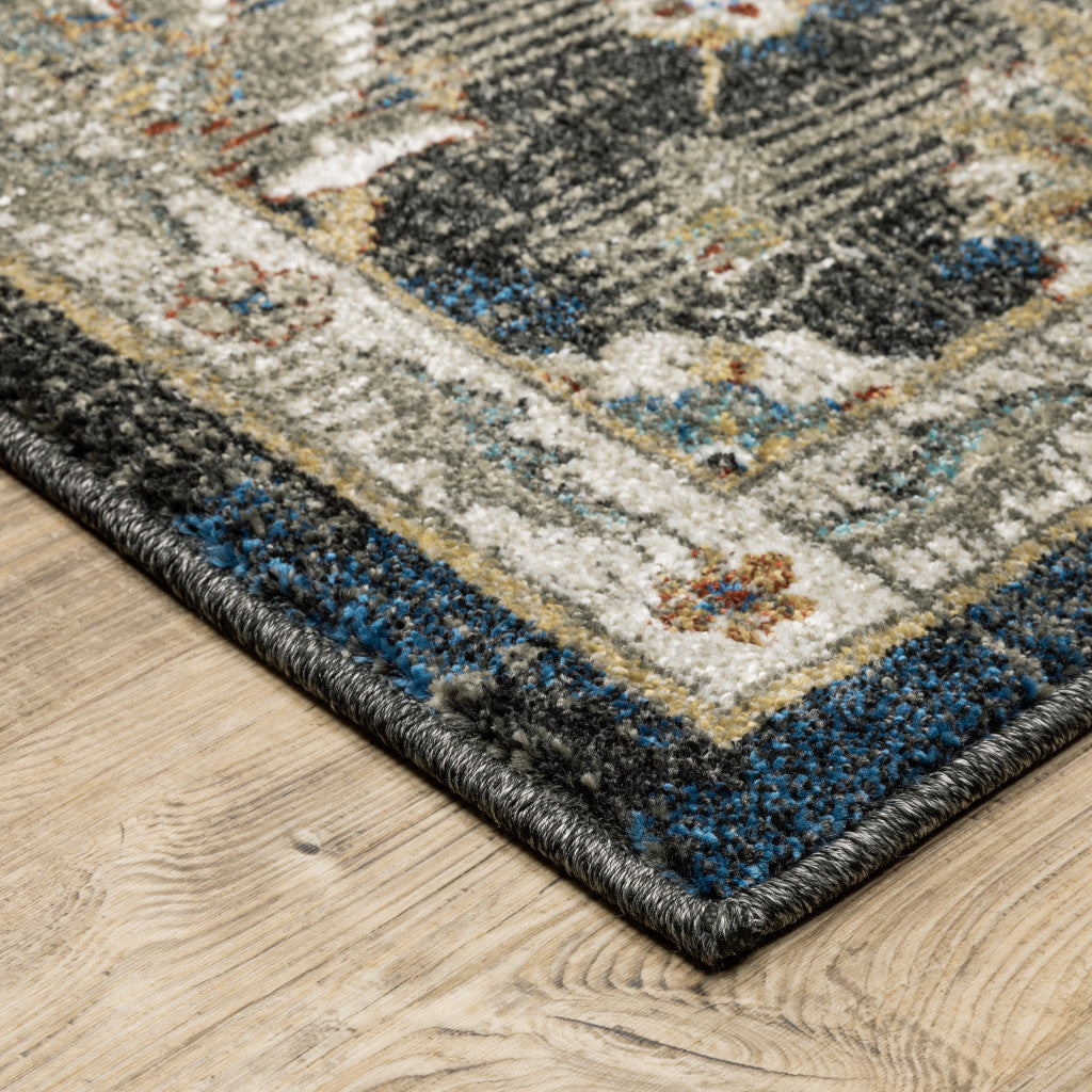 Stain-Resistant Elegant Oriental-Style Runner Rug in Charcoal Blue, Rust, Beige, Gold, and Grey for Creating Cozy Living Spaces