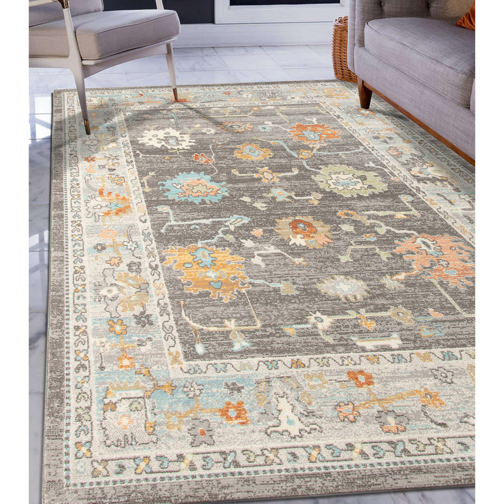 Stylish Stain-Resistant Floral Area Rug in Blue, Orange for Indoor & Outdoor Use