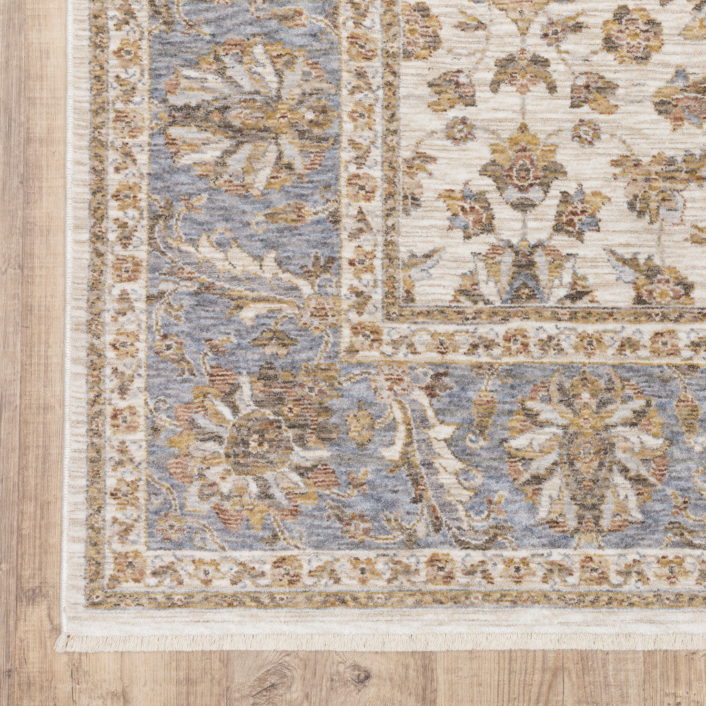 Stain-Resistant, Soft Oriental Runner Rug with Fringe - Timeless Ivory and Blue Design