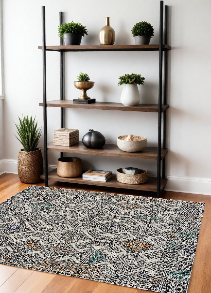 Stylish Distressed Geometric Handmade Wool Area Rug in Black, Ivory, and Green