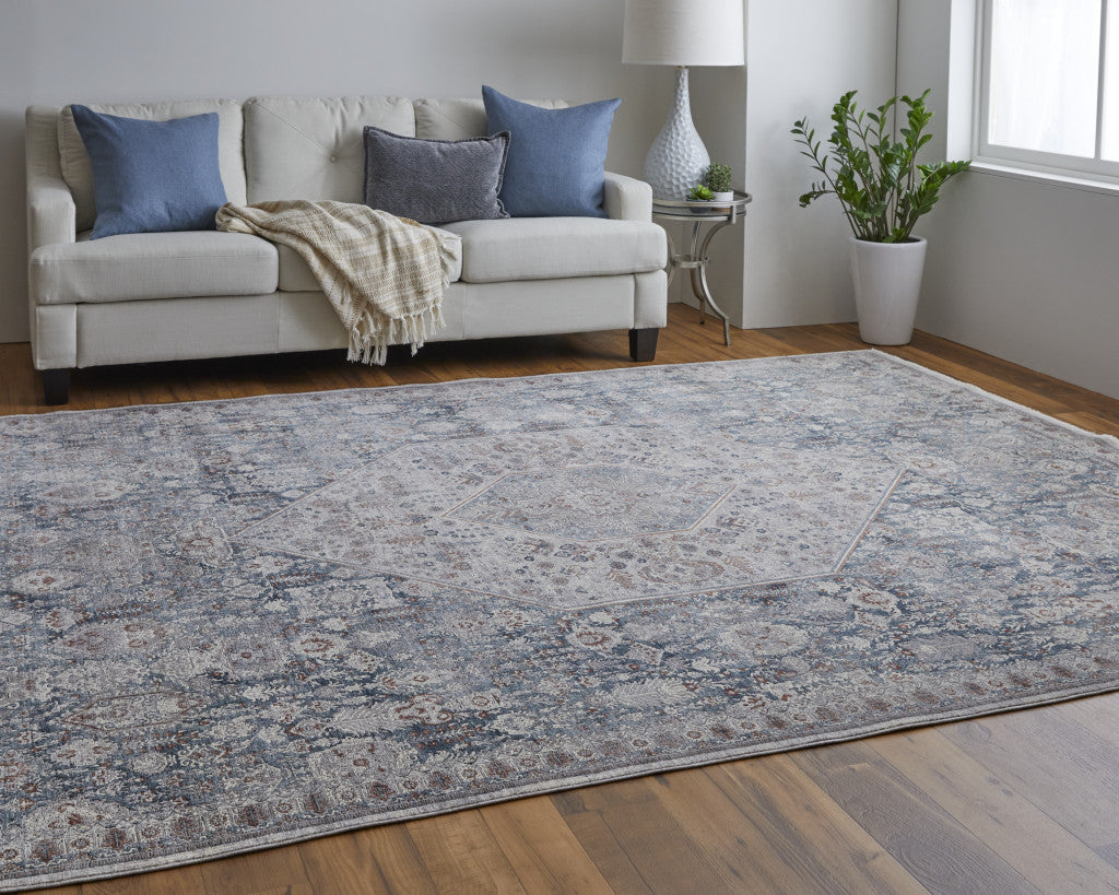 Stain-Resistant Blue and Ivory Floral Power Loom Area Rug for Kids and Pets
