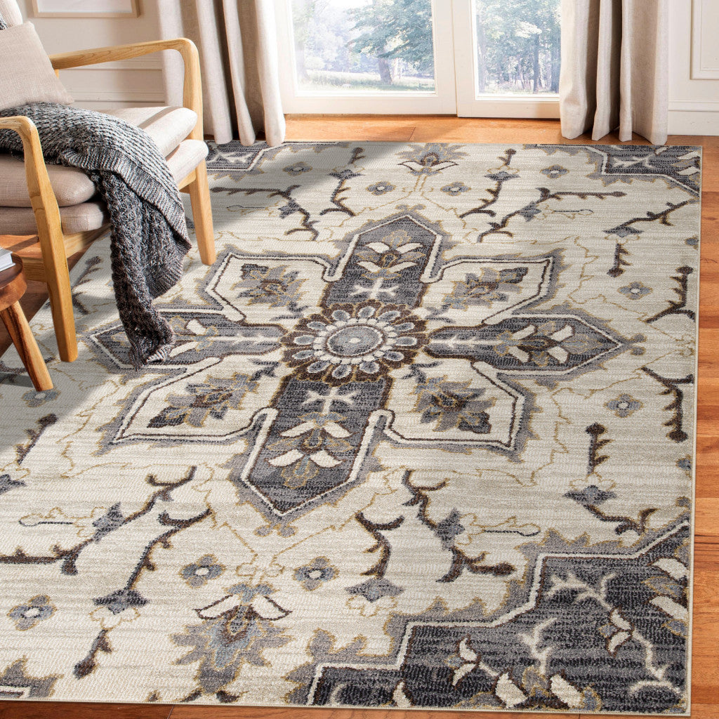 Stain-Resistant Elegant Floral Medallion Area Rug in Ivory, Gray, and Black for Home Decor