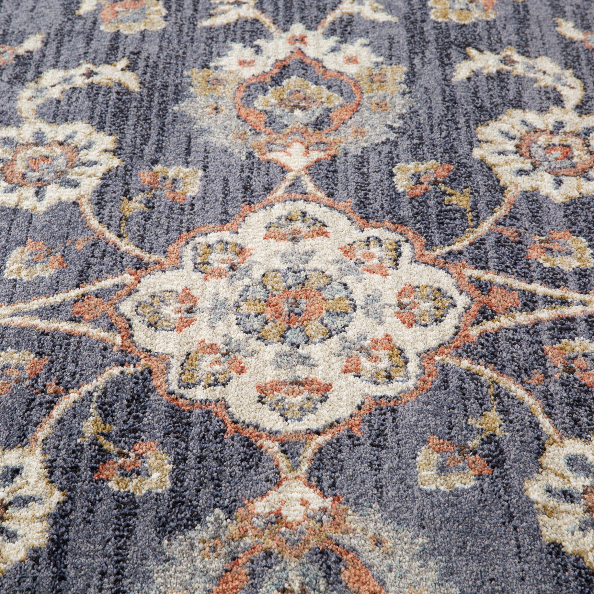 Stain-Resistant Elegant Floral Power Loom Area Rug in Ivory, Navy, Blue & Brown Design Ideal for Homes with Kids and Pets