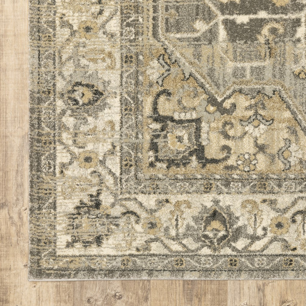 Elegant Indoor Runner Rug with Traditional Medallion Design in Beige and Gray Tones for Sophisticated Living Spaces