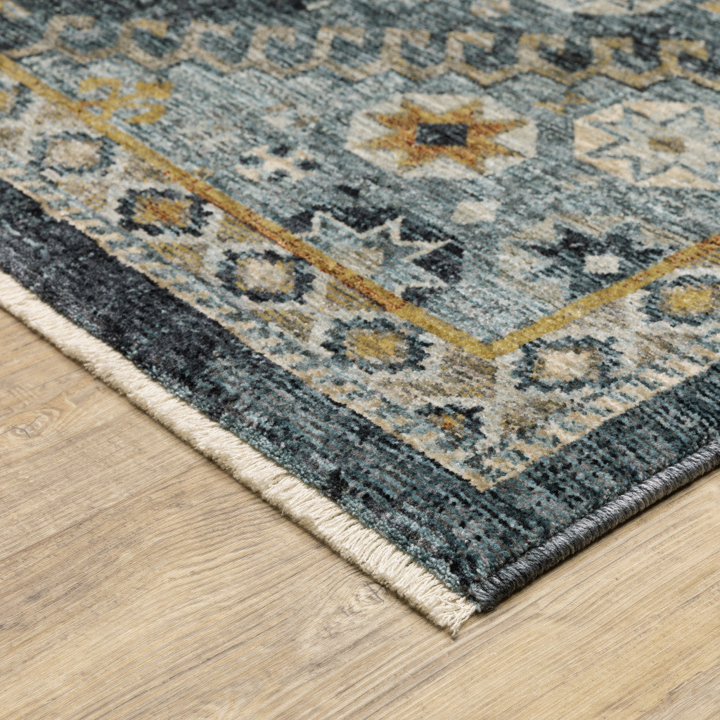 Stain-Resistant Blue, Gold, Ivory & Navy Oriental Runner Rug with Tassel Ends