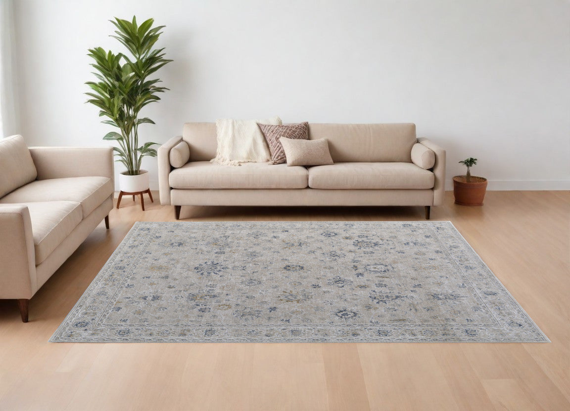 Elegant Blue and Taupe Floral Area Rug - Stain Resistant, Ideal for Spaces with Kids and Pets
