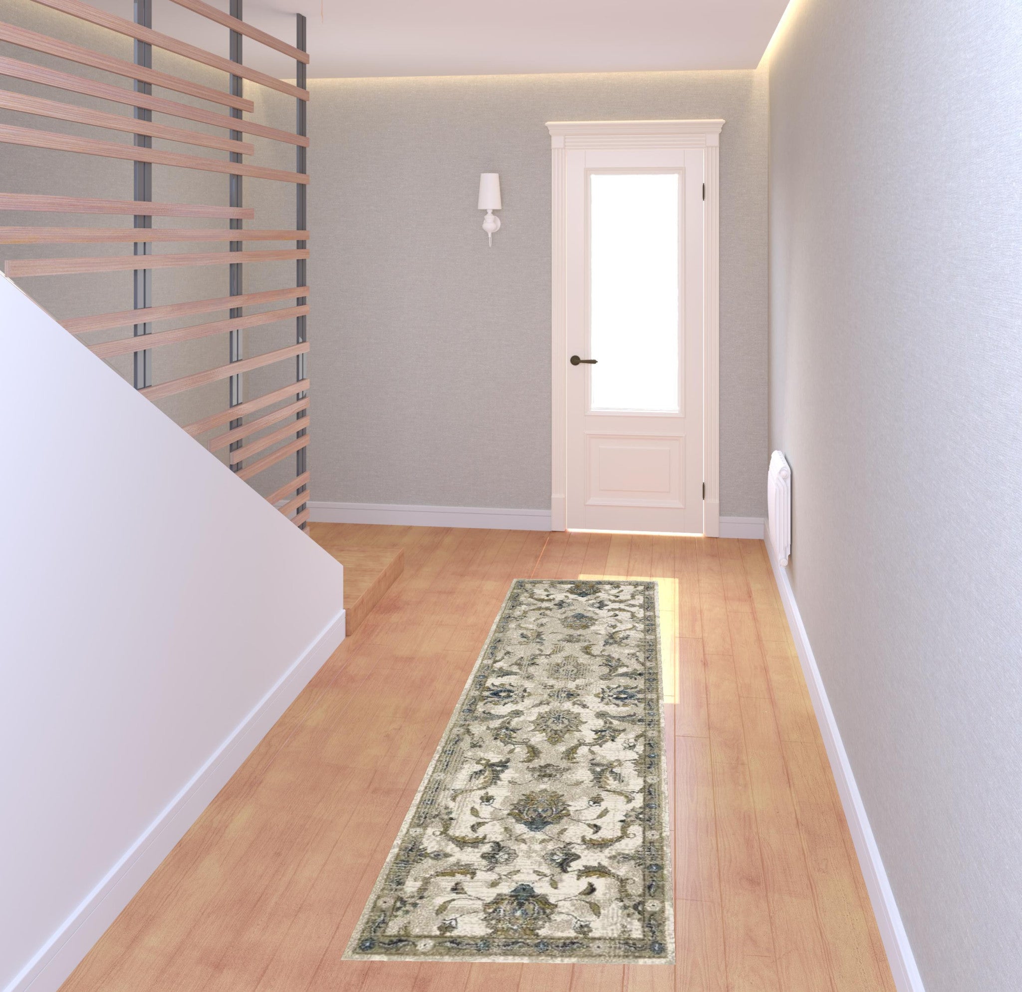 Stain-Resistant Elegant Oriental-Style Runner Rug in Charcoal Blue, Rust, Beige, Gold, and Grey for Creating Cozy Living Spaces