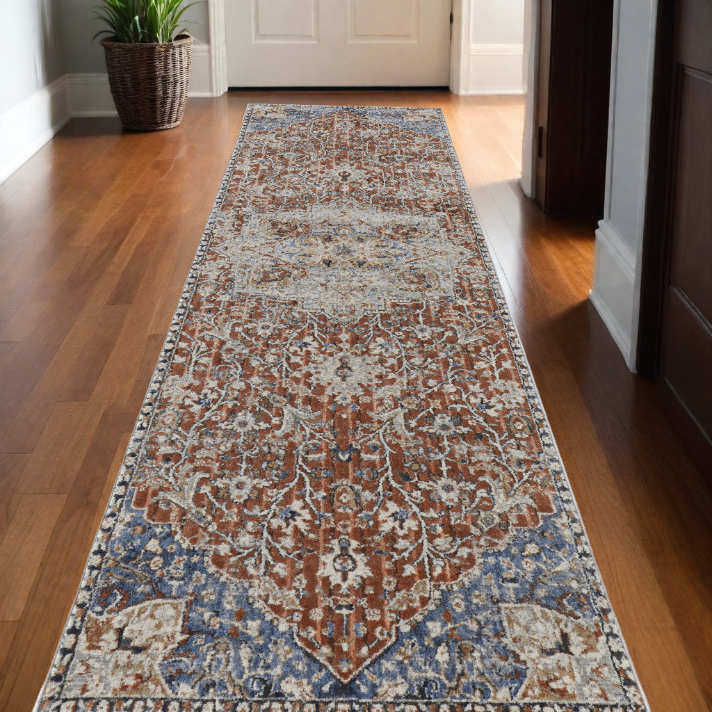Stylish Orange, Ivory & Blue Floral Power Loom Area Rug with Tassel Ends for Elegant Interiors