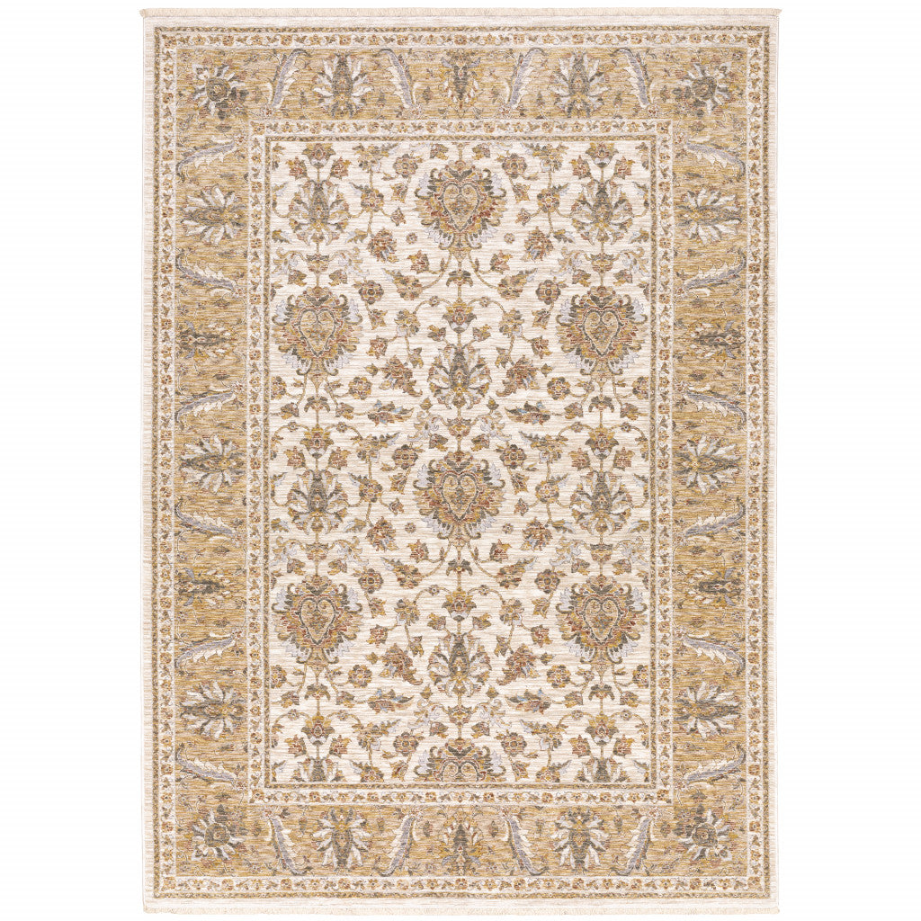 Stain-Resistant, Soft Oriental Runner Rug with Fringe - Timeless Ivory and Blue Design