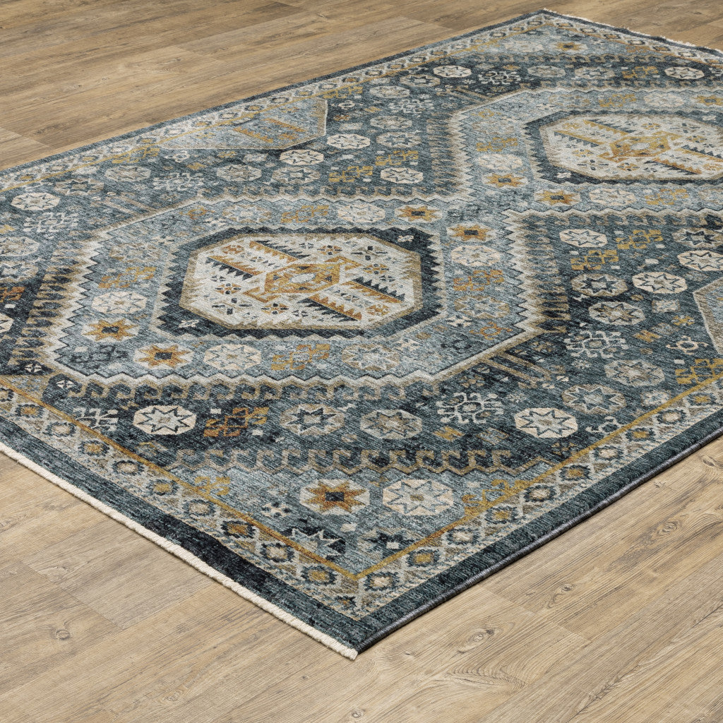 Stain-Resistant Blue, Gold, Ivory & Navy Oriental Runner Rug with Tassel Ends