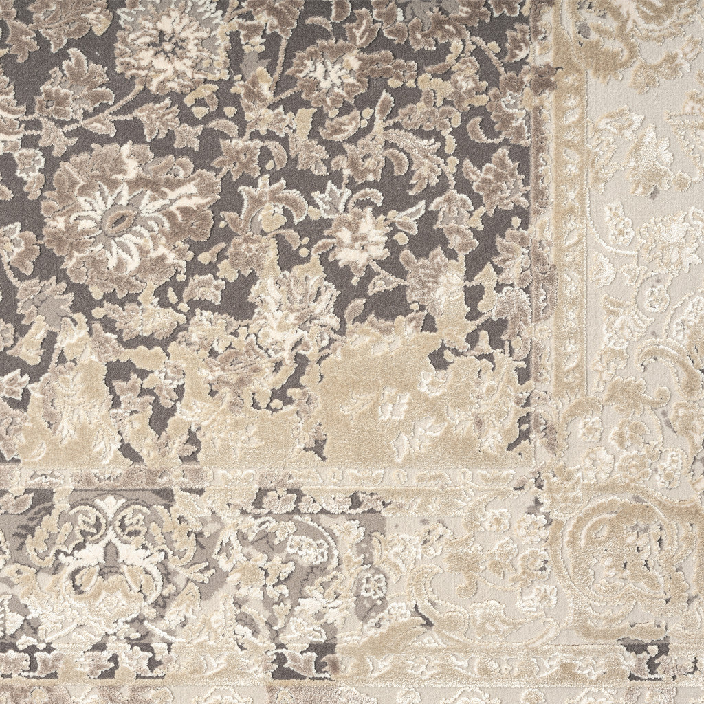 Exquisite Gray and Ivory Floral Machine - Made Viscose Area Rug for a Cozy and Elegant Touch in Any Room's Interior Decor