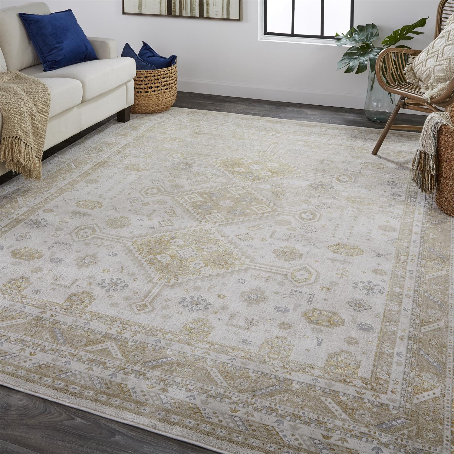 Elegant Gold and Ivory Floral Non - Slip Area Rug for Stylish Home Decor